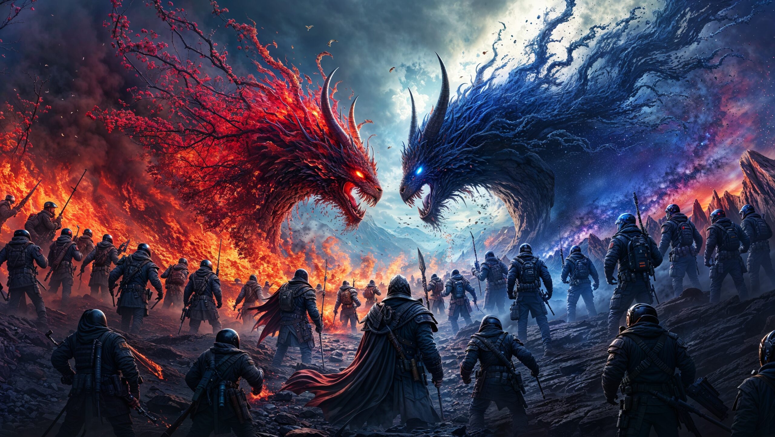 Epic battle scene with two massive elemental dragons, one of fire and one of ice, facing off while armoured soldiers gather on both sides.