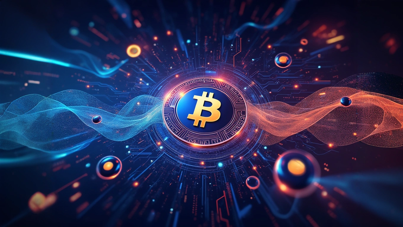 Futuristic digital artwork featuring the Bitcoin symbol at the center, surrounded by abstract glowing lines and technological elements.