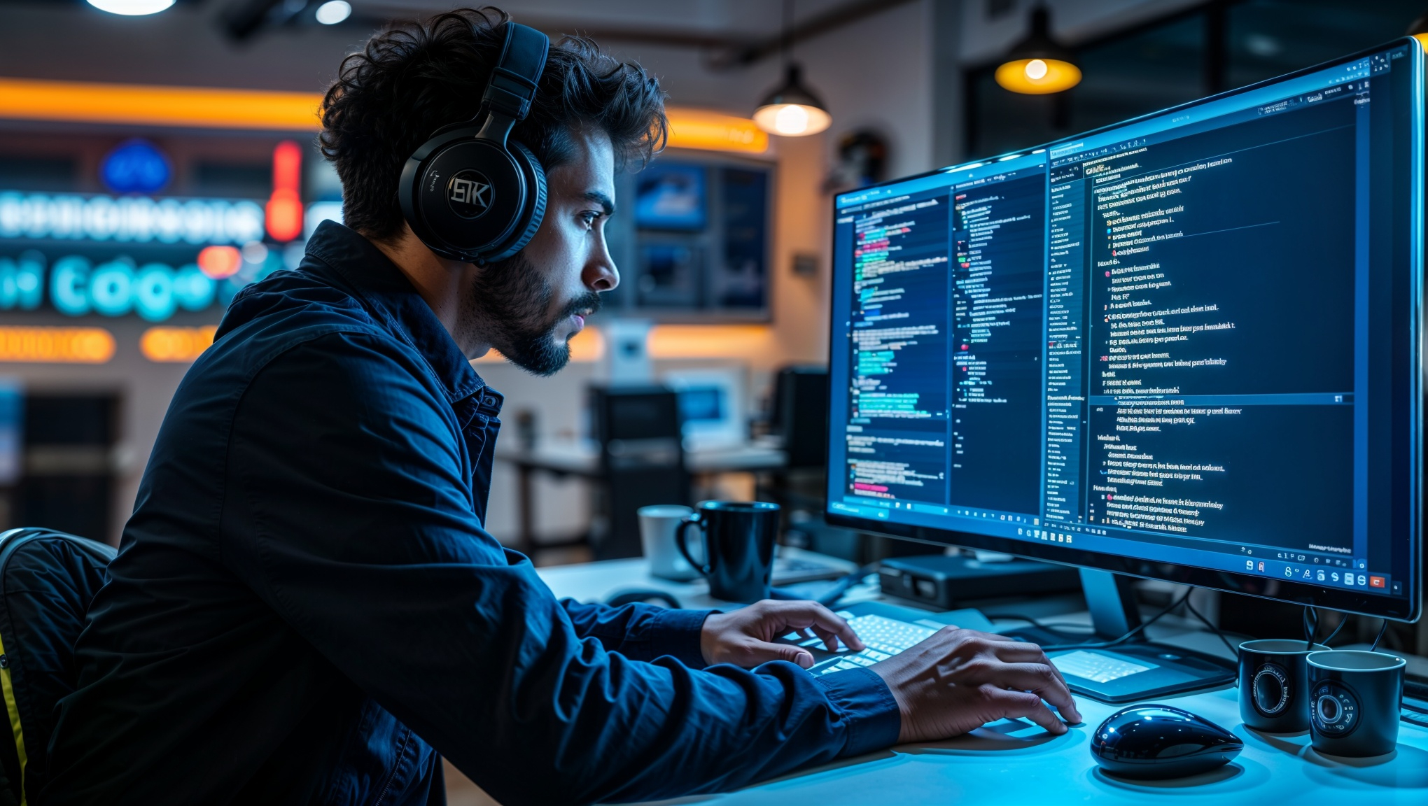 Focused programmer wearing headphones, working on coding projects at a computer with dual monitors displaying code in a modern office setting