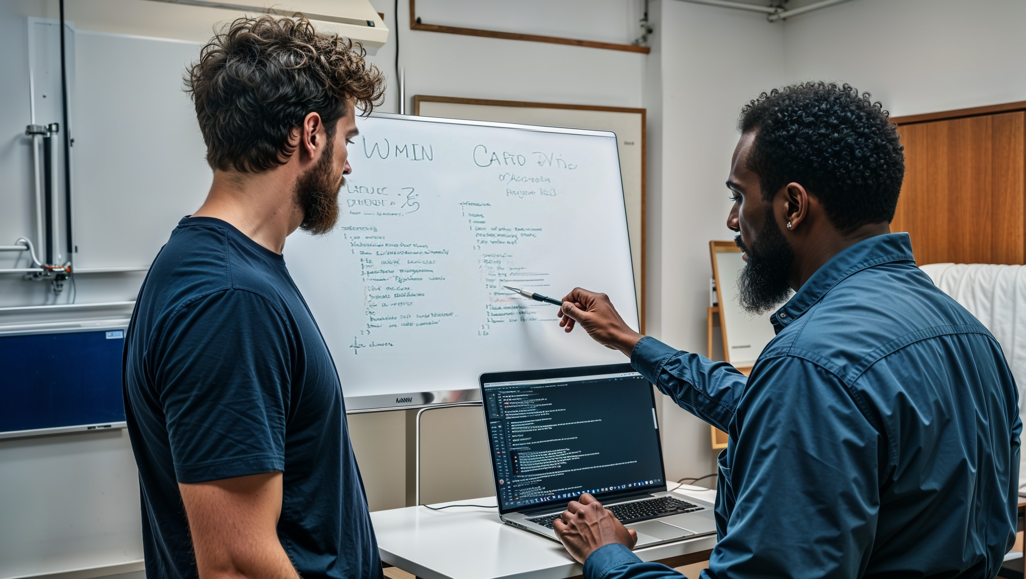 Two men collaborating in front of a whiteboard with notes, discussing code with a laptop displaying programming scripts.