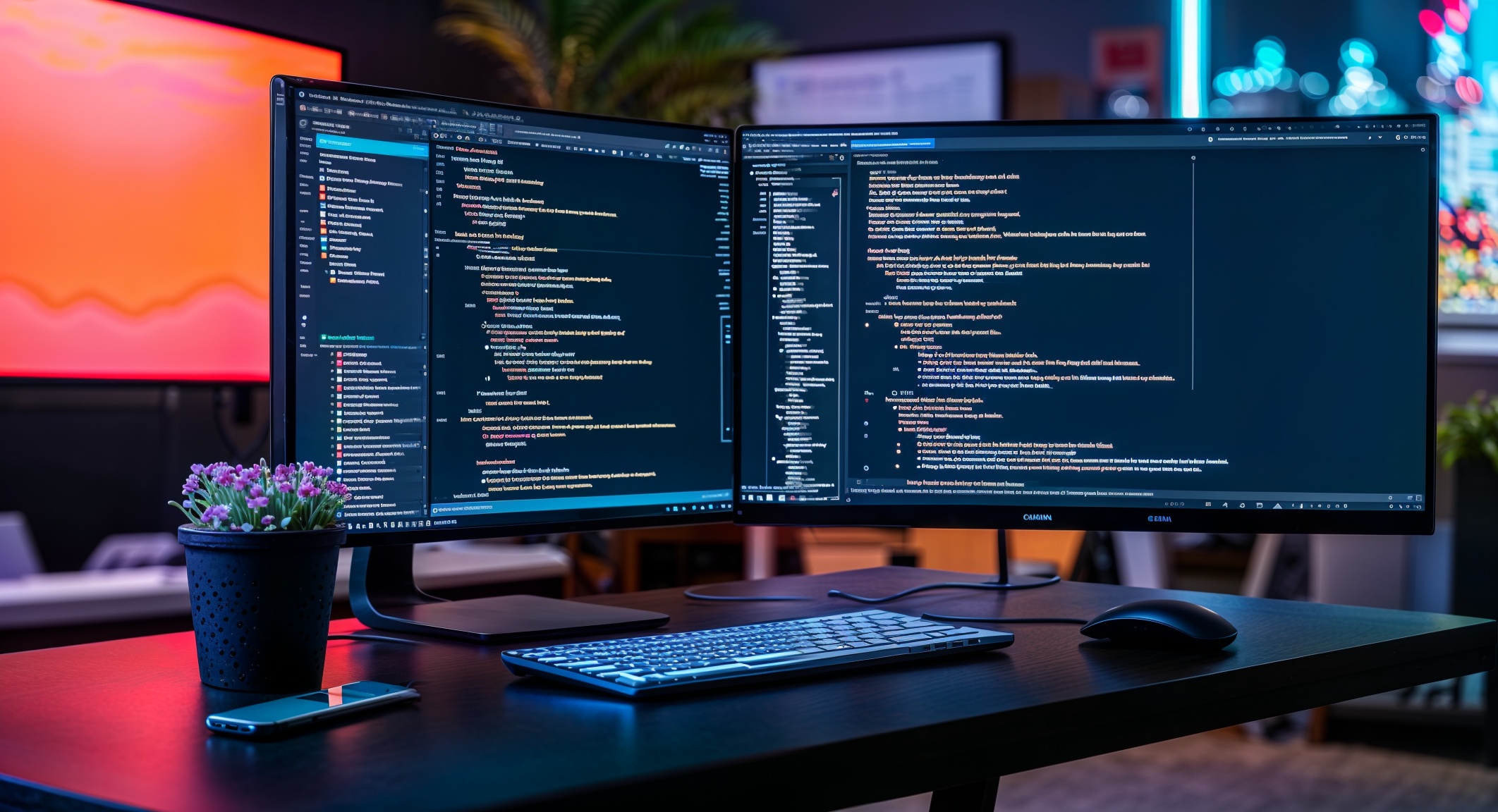 Dual monitors displaying programming code and project files in a modern workspace, with a keyboard, mouse, and a small plant on the desk.