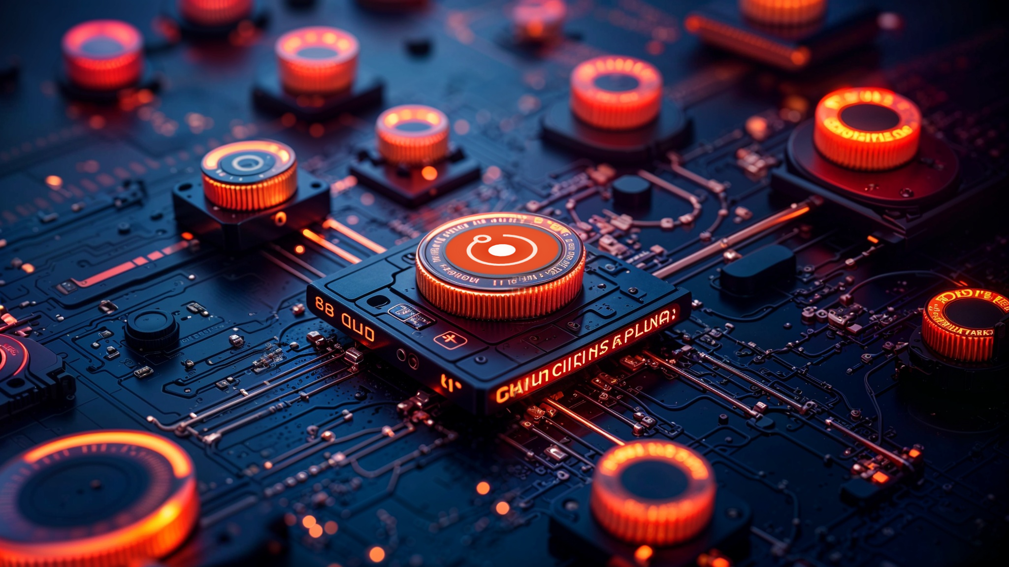 Close-up of futuristic circuit board with glowing orange components and intricate electronic details and the Render Logo.