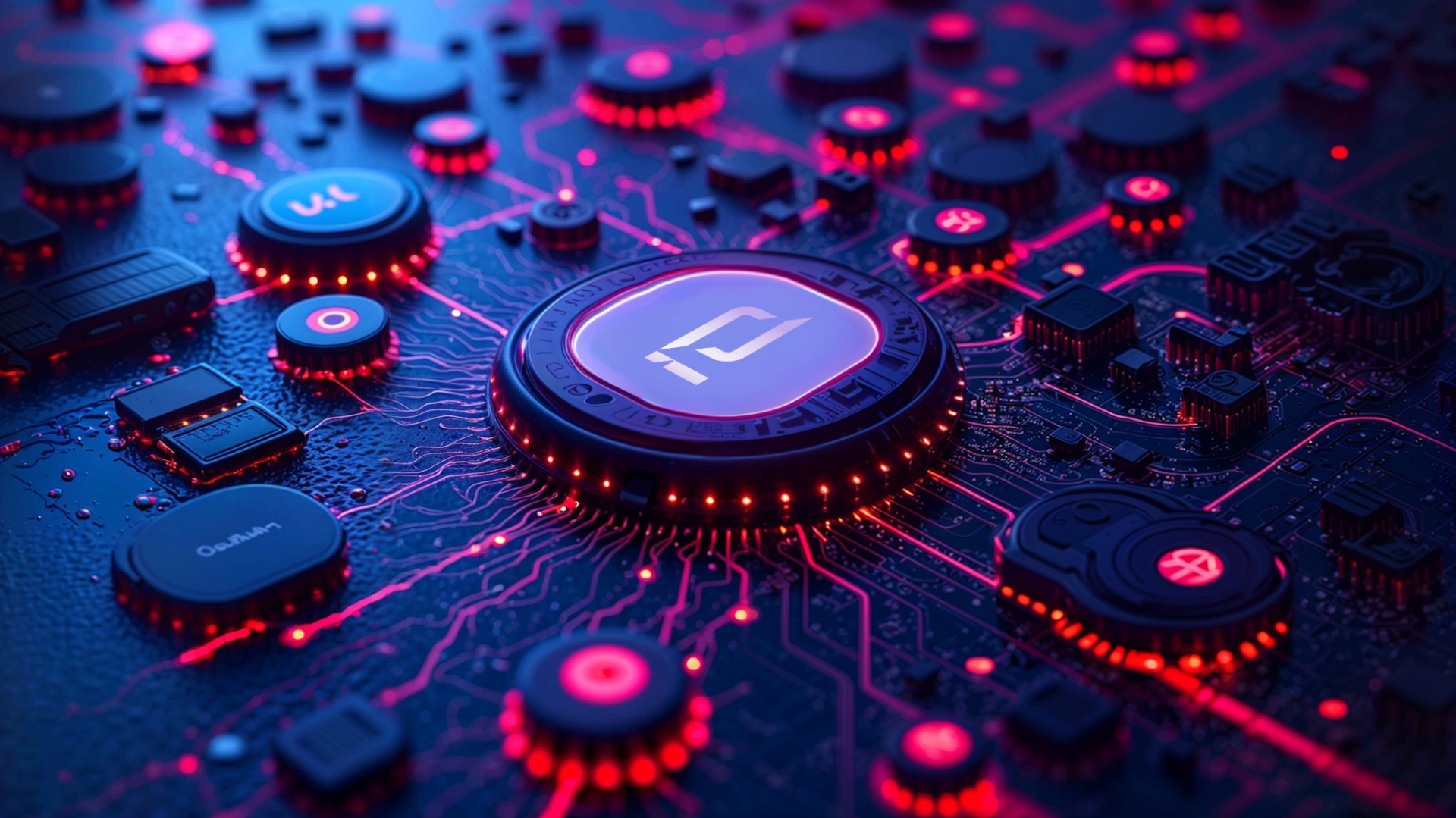 Futuristic circuit board featuring the ioNET logo in the center, illuminated by glowing red and pink components and intricate wiring.