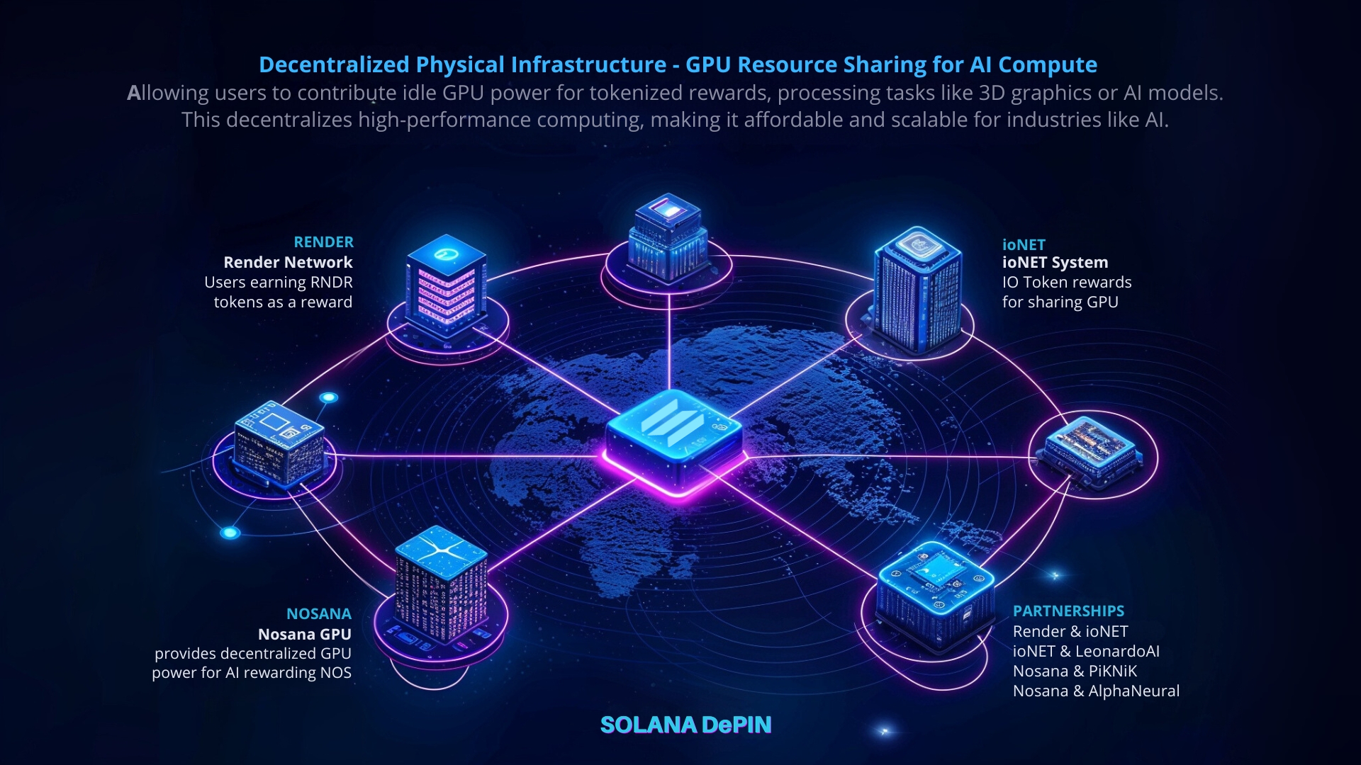 Decentralized Physical Infrastructure showcasing GPU resource sharing for AI compute, including Render Network, ioNET, and Nosana GPU for tokenized rewards.