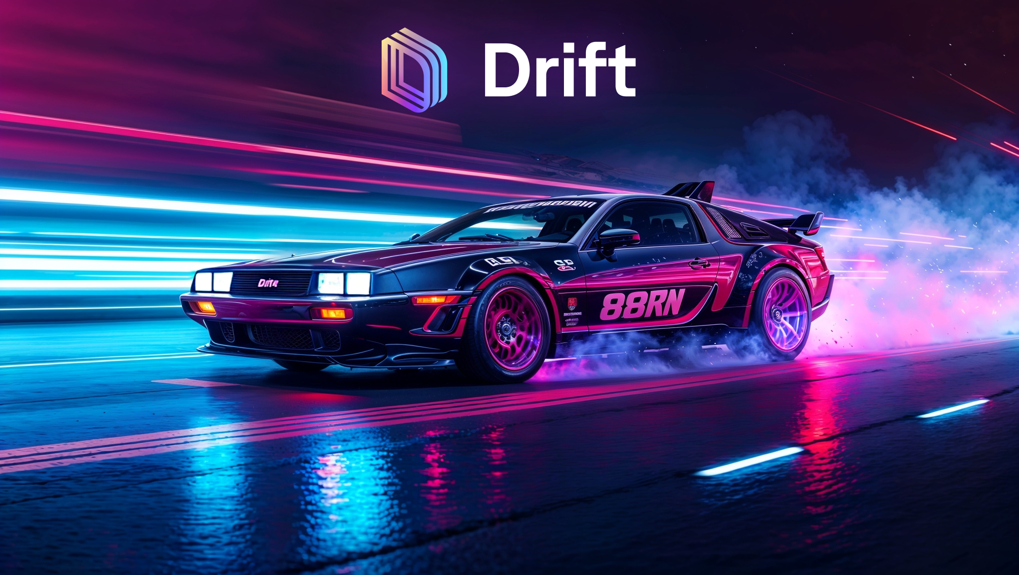 Retro sports car with neon accents drifting on a futuristic track with a neon-lit background and the Drift logo above.