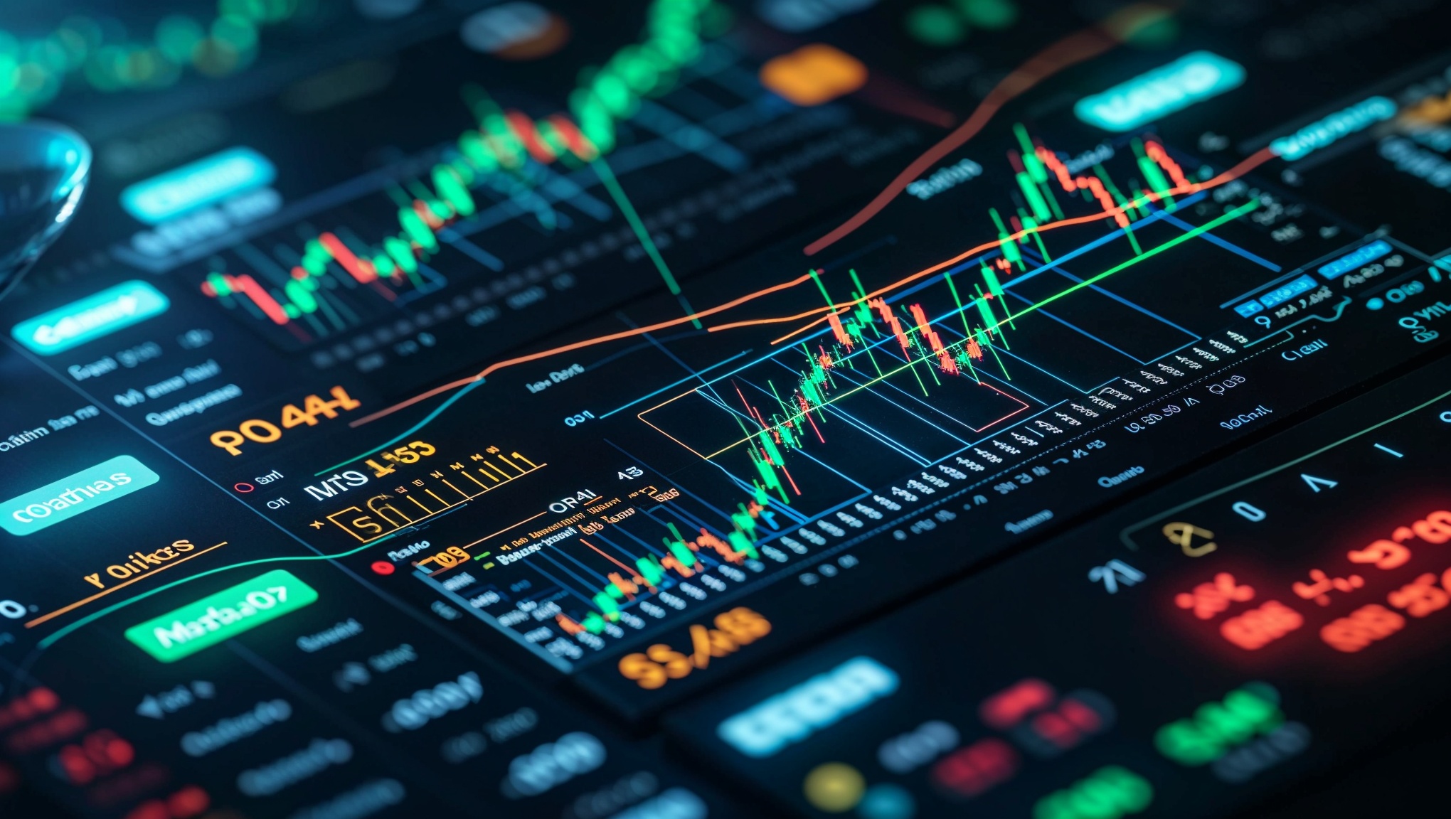 Close-up of financial trading charts and graphs showing market trends with colorful candlestick patterns and data analysis.