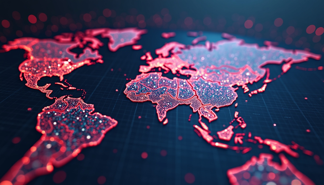 Digital world map with glowing red outlines and small illuminated points representing global data connections.