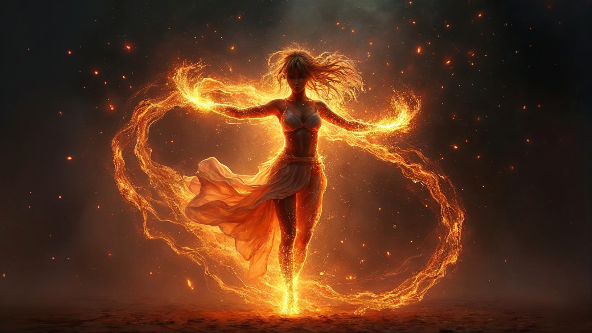 A powerful female figure surrounded by swirling flames, creating a fiery aura as she stands in a dynamic pose.