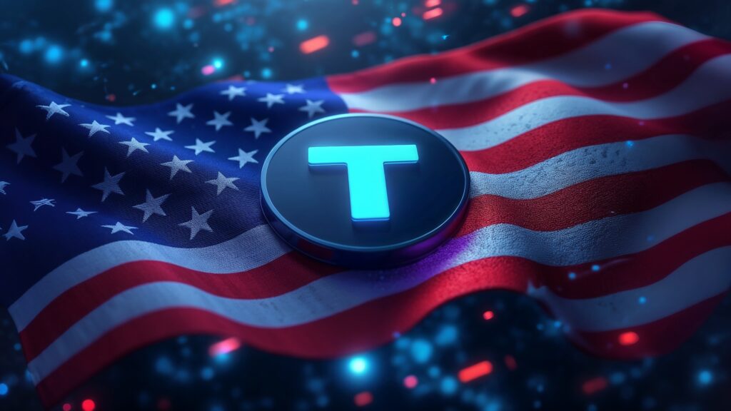 Tether (USDT) logo glowing in blue, placed on a waving U.S. flag in a futuristic, digital setting.