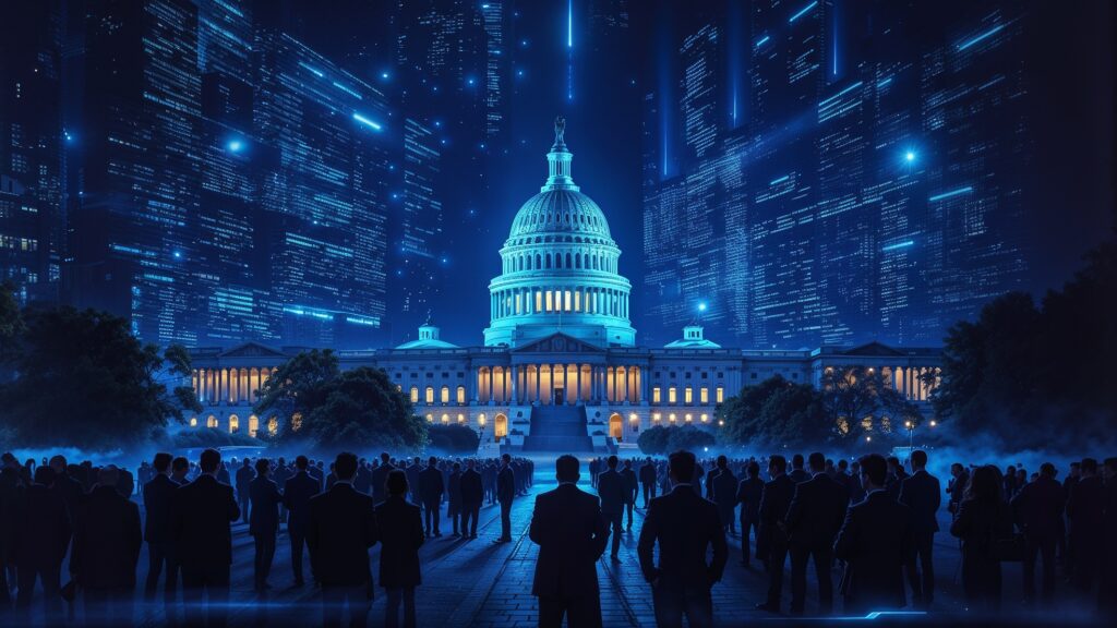 Futuristic scene of the U.S. Capitol building illuminated in blue, surrounded by a crowd of people, with digital skyscrapers in the background.