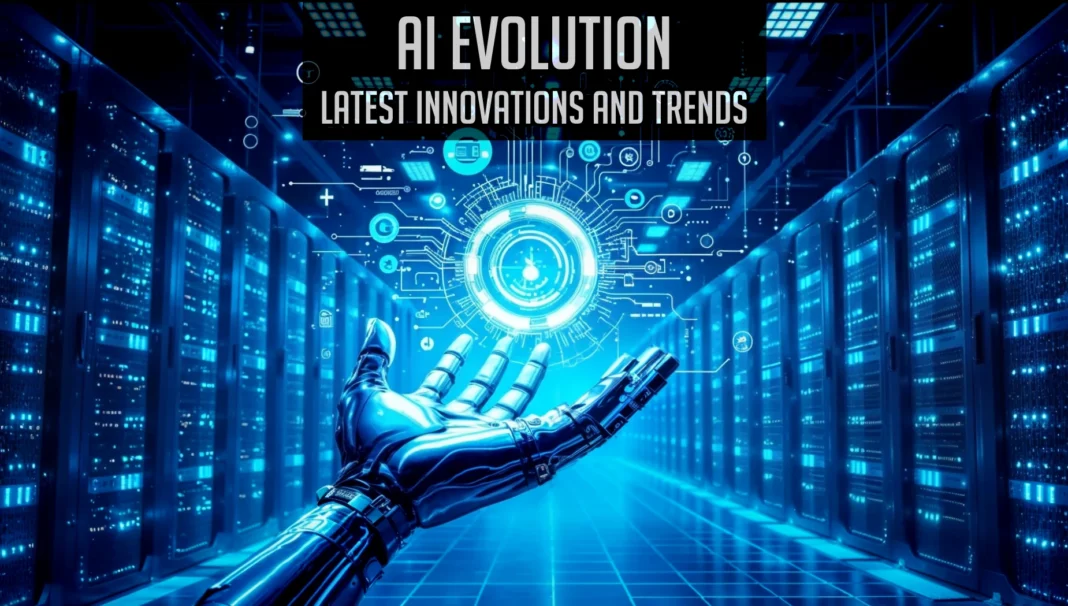 AI Evolution: Latest Innovations and Trends in Artificial Intelligence with a Futuristic Robotic Hand and Data Center