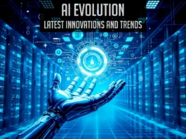 AI Evolution: Latest Innovations and Trends in Artificial Intelligence with a Futuristic Robotic Hand and Data Center