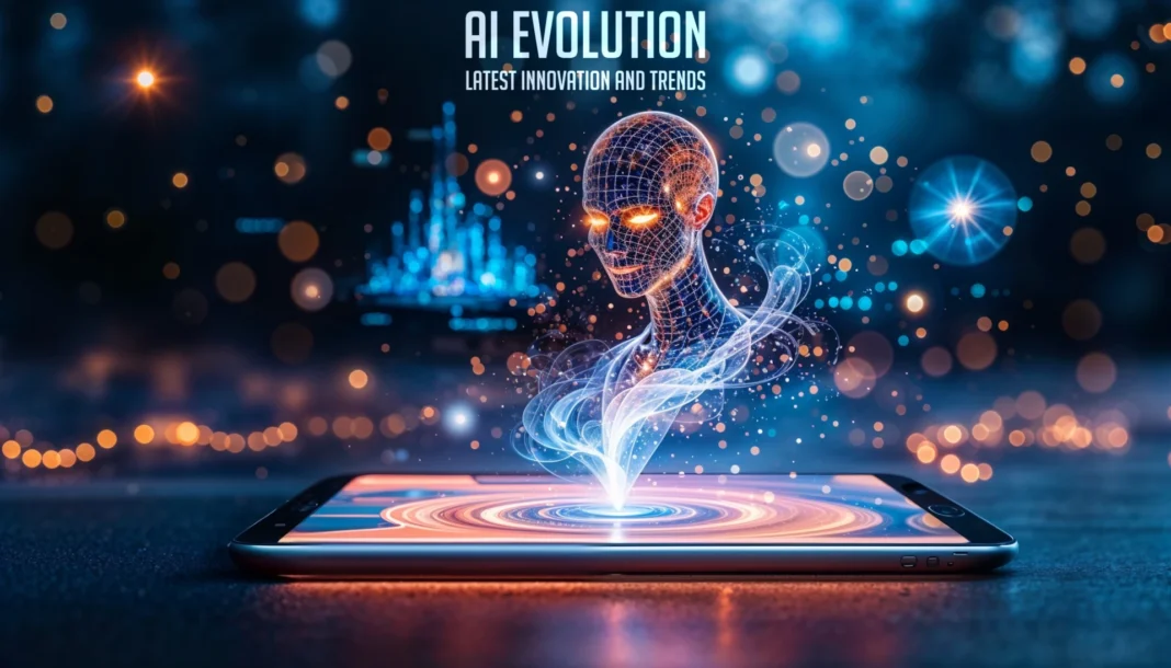 AI Evolution: Digital avatar emerging from tablet, symbolizing latest trends and innovations in artificial intelligence