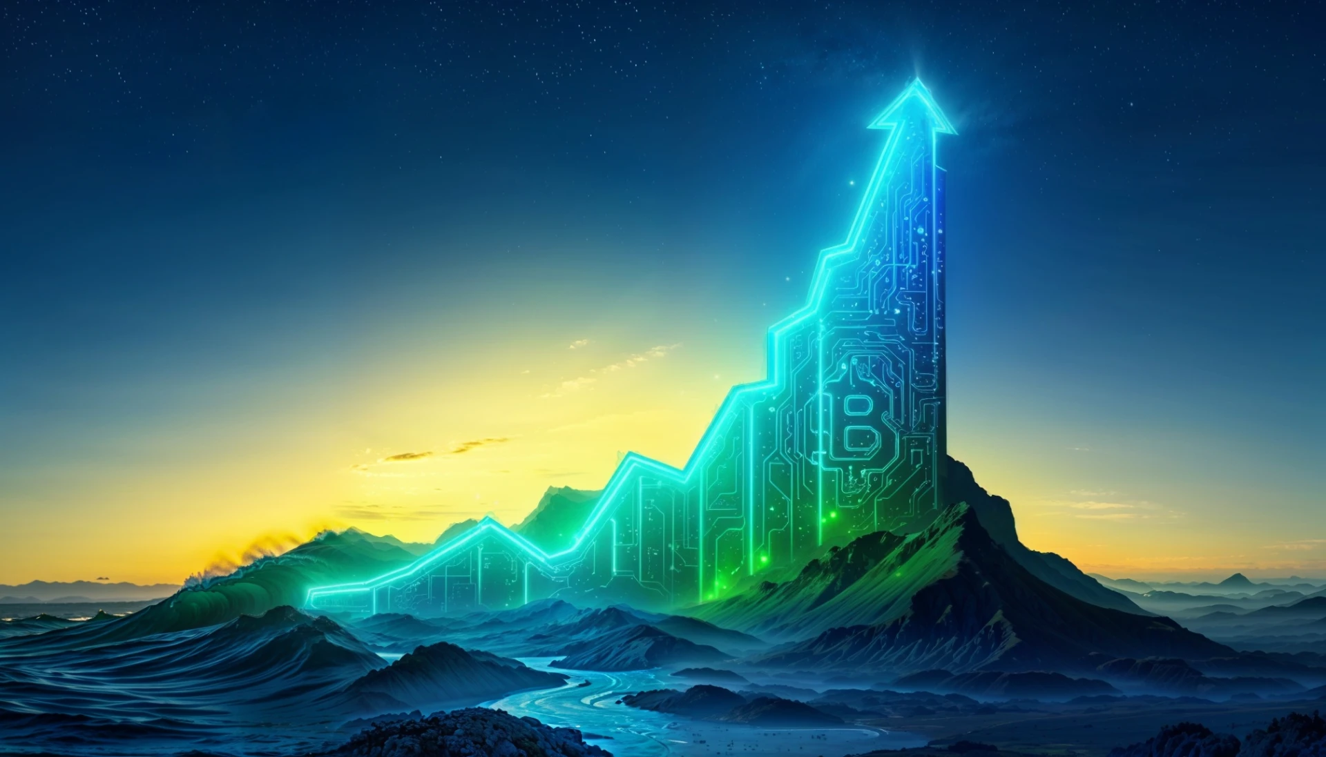 Bitcoin price surging upwards represented by a futuristic, glowing chart climbing a mountain, symbolizing parabolic growth and a bullish market trajectory.