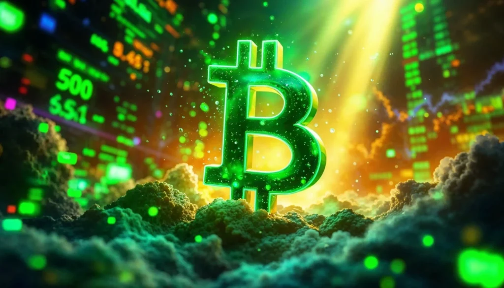 Bitcoin symbol glowing green amidst bullish market momentum, indicating potential for a breakout with financial data and price surge background.