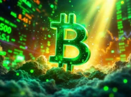 Bitcoin symbol glowing green amidst bullish market momentum, indicating potential for a breakout with financial data and price surge background.