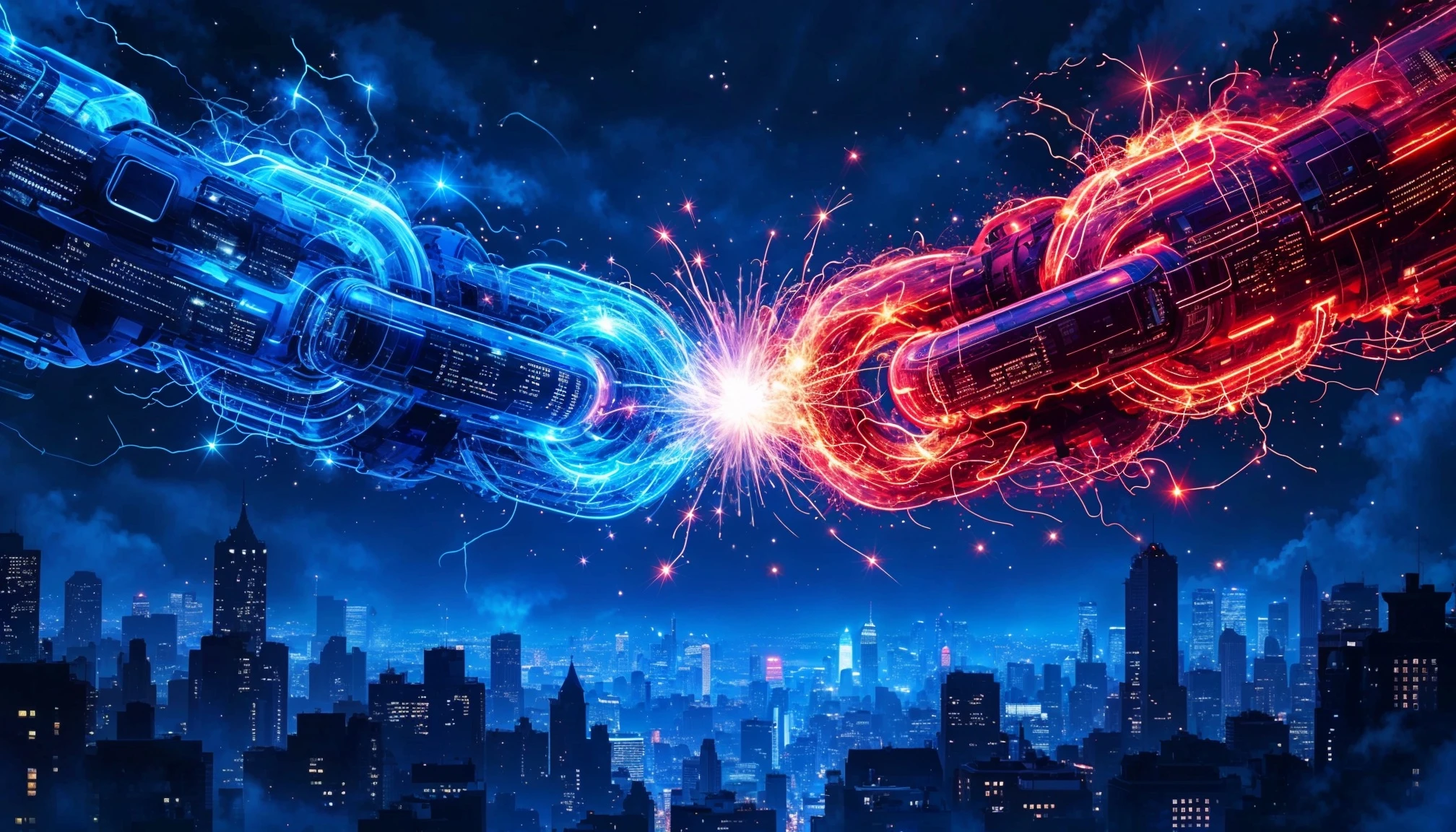 Futuristic depiction of two blockchain networks colliding, symbolizing the competition between Solana and Sui in the blockchain ecosystem.