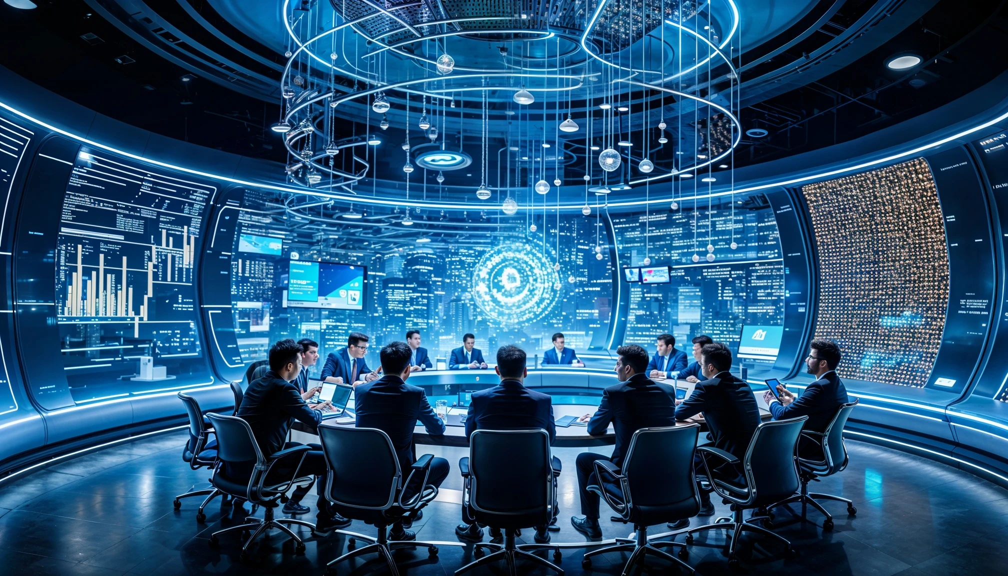 Blockchain developers and executives collaborating in a futuristic boardroom, discussing Solana and Sui blockchain advancements