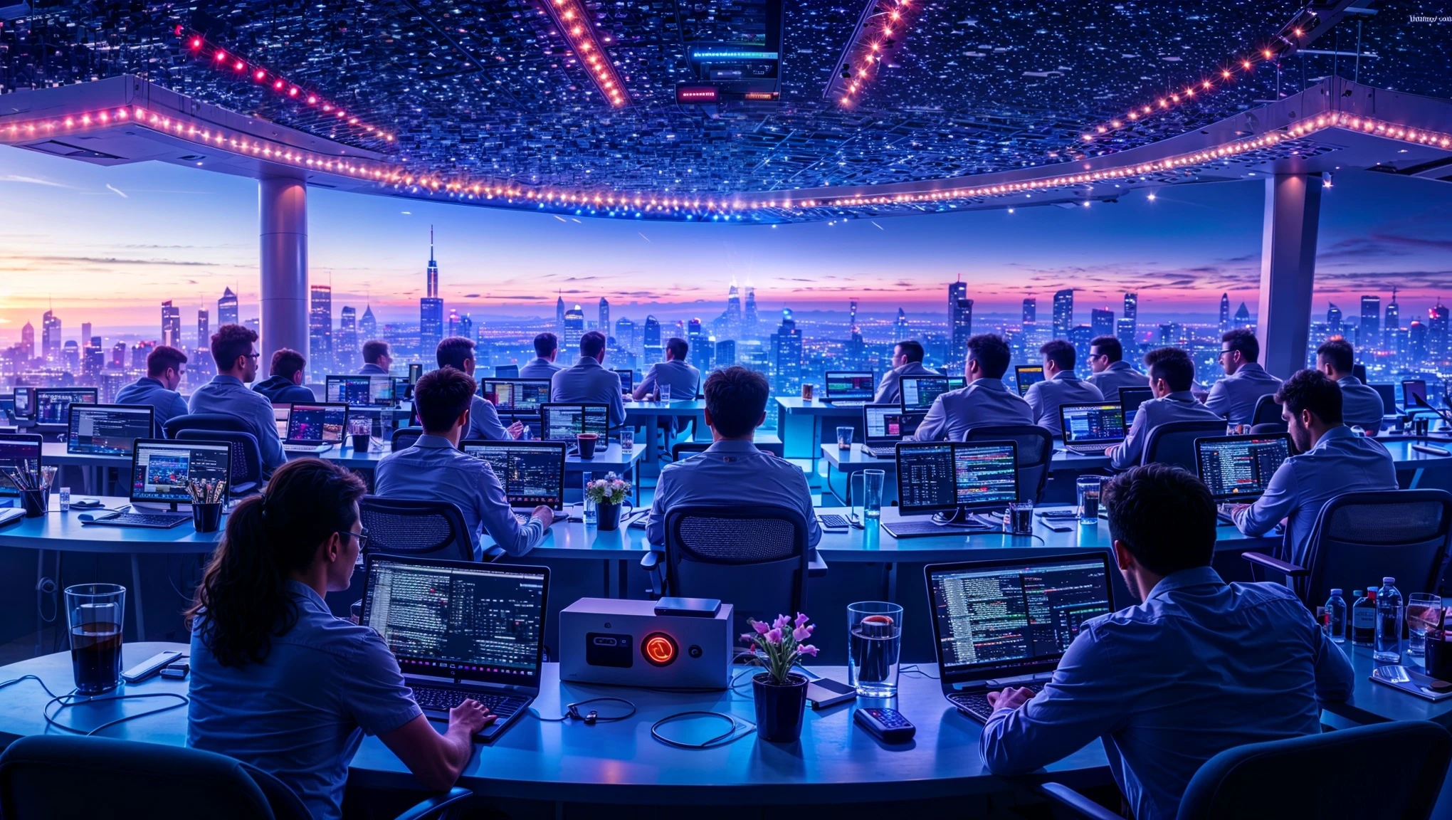 Futuristic control room with developers working on Solana’s evolving blockchain technology.