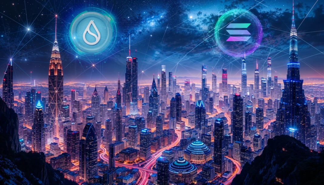 Solana and Sui logos over a futuristic city skyline representing blockchain networks