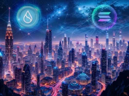 Solana and Sui logos over a futuristic city skyline representing blockchain networks