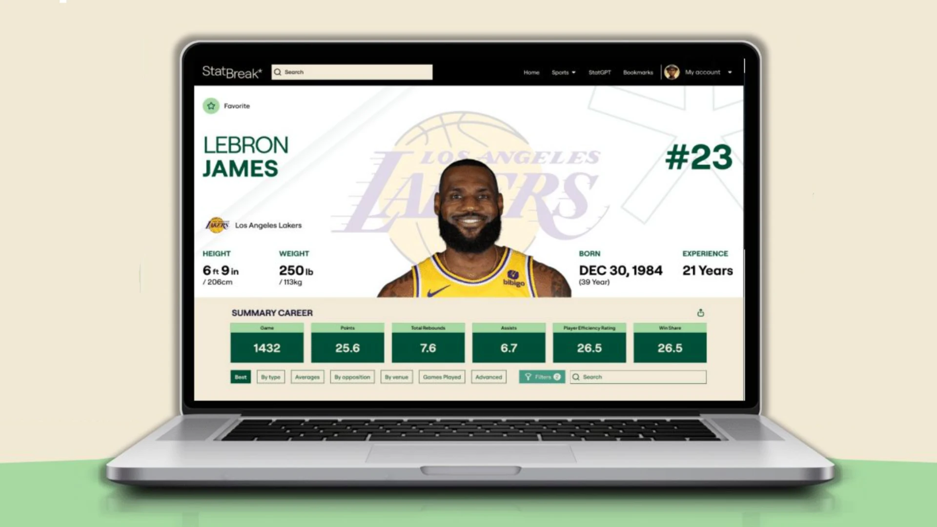 StatBreak player profile of LeBron James displaying detailed career stats and performance metrics on a laptop screen.