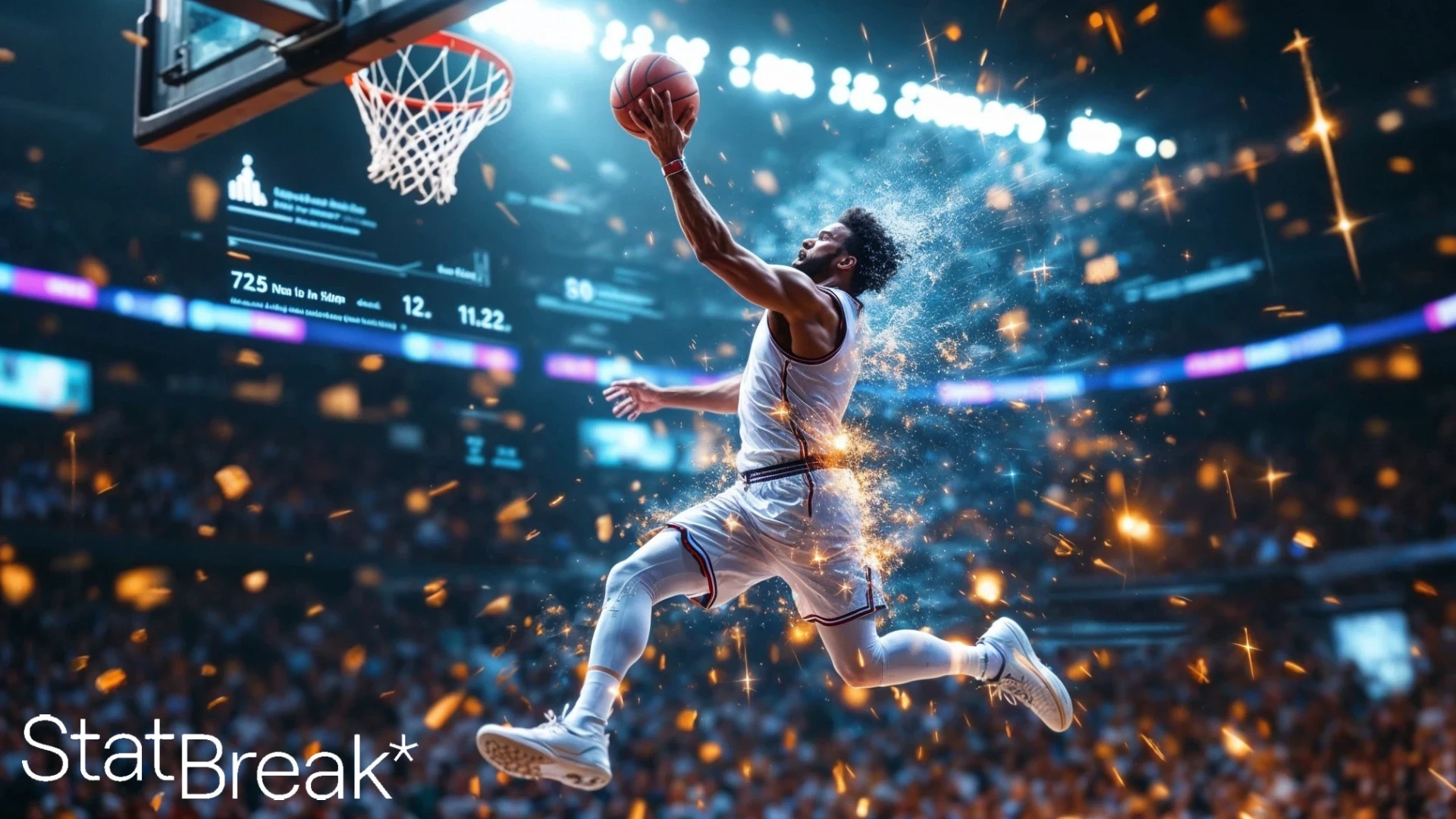 Basketball player soaring for slam dunk amid sparkling arena lights, showcasing StatBreak’s real-time performance stats and analytics.