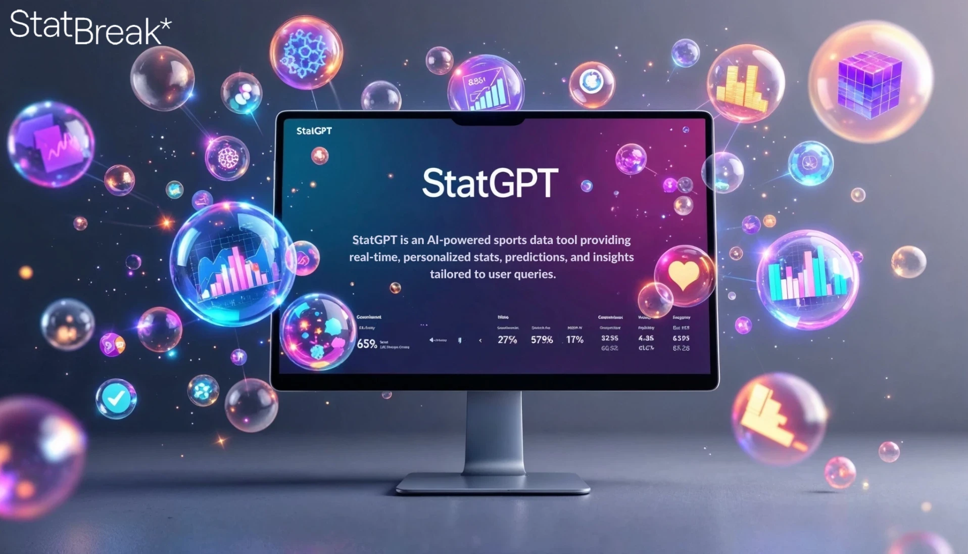 StatGPT AI-powered sports data dashboard on desktop with colorful bubbles, visualizing real-time statistics and predictive insights for users