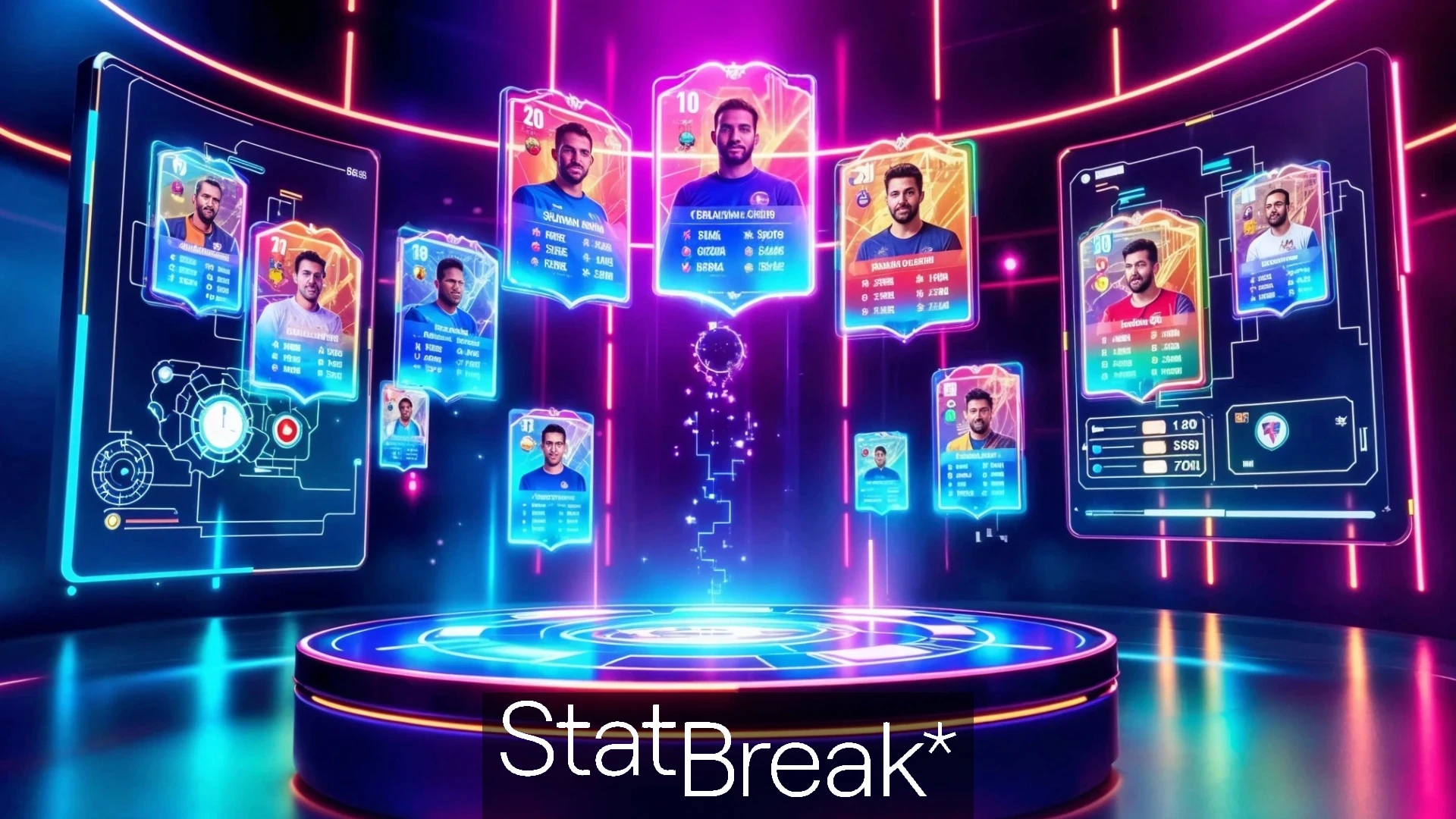 StatBreak fantasy sports interface displaying AI-driven player cards with detailed stats, set against a vibrant, futuristic background