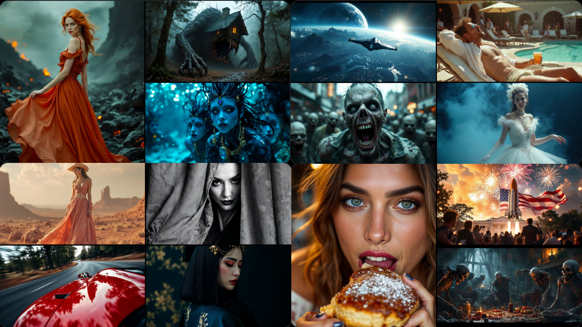 Collection of AI-generated images showcasing Magnific’s hyper-realistic 4K visuals, including fantasy characters, futuristic scenes, and vivid landscapes.