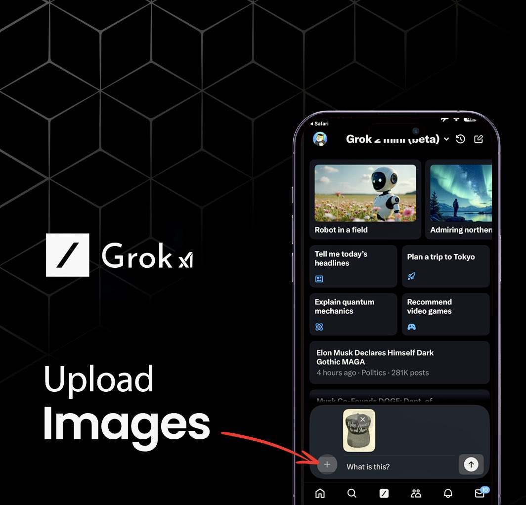 Grok AI interface on a smartphone screen with image upload feature, showcasing Grok’s capabilities in visual recognition and AI-driven insights.