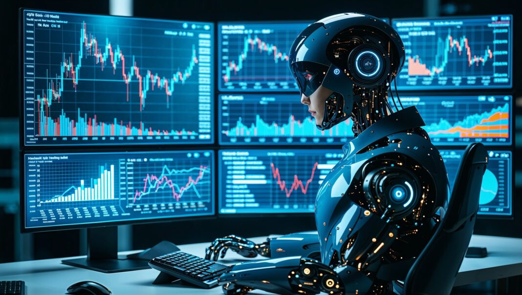 AI agent analyzing cryptocurrency trading data on multiple screens