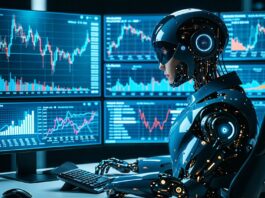 AI agent analyzing cryptocurrency trading data on multiple screens