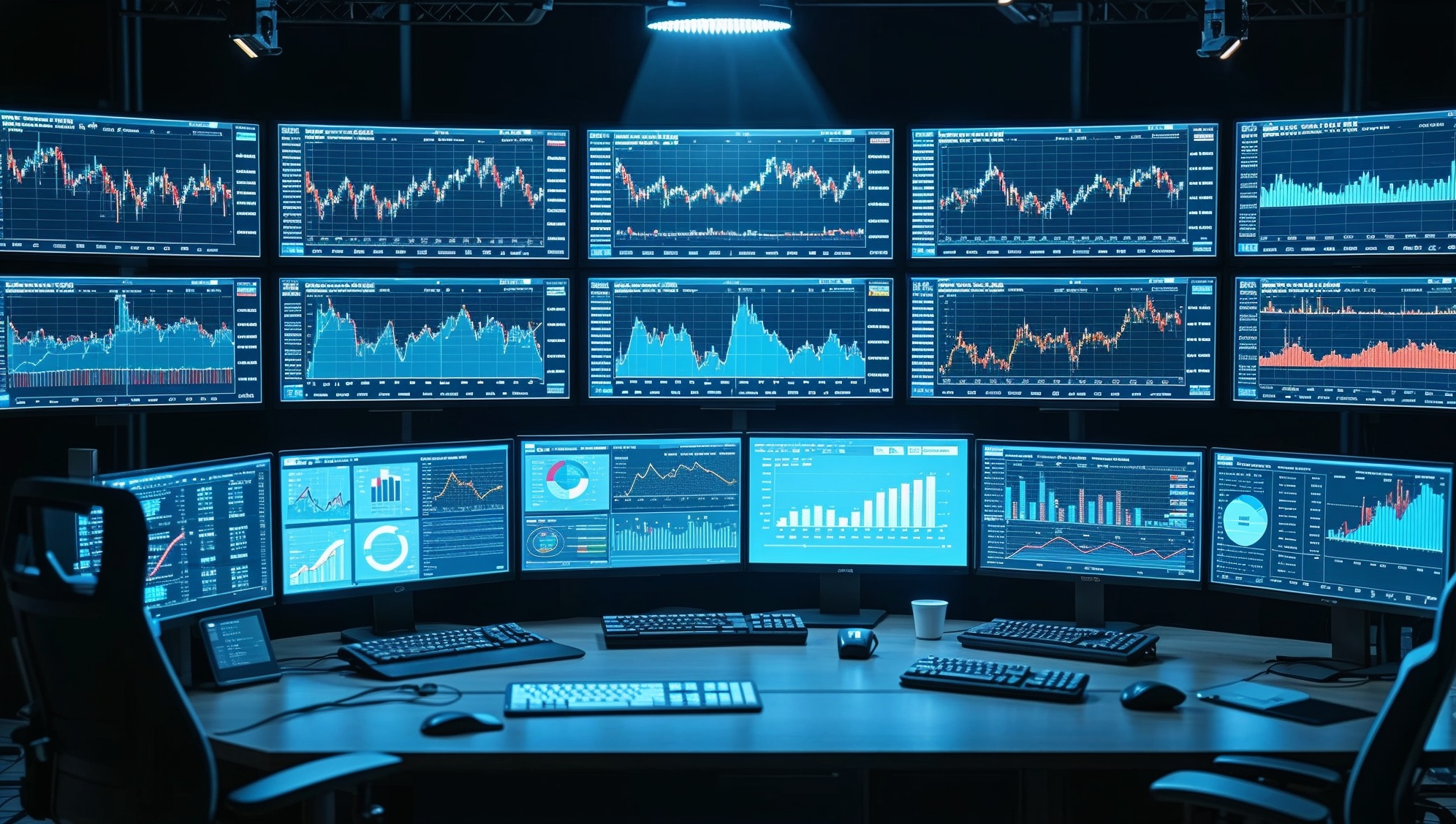 Cryptocurrency trading station with multiple monitors displaying market analysis and financial charts