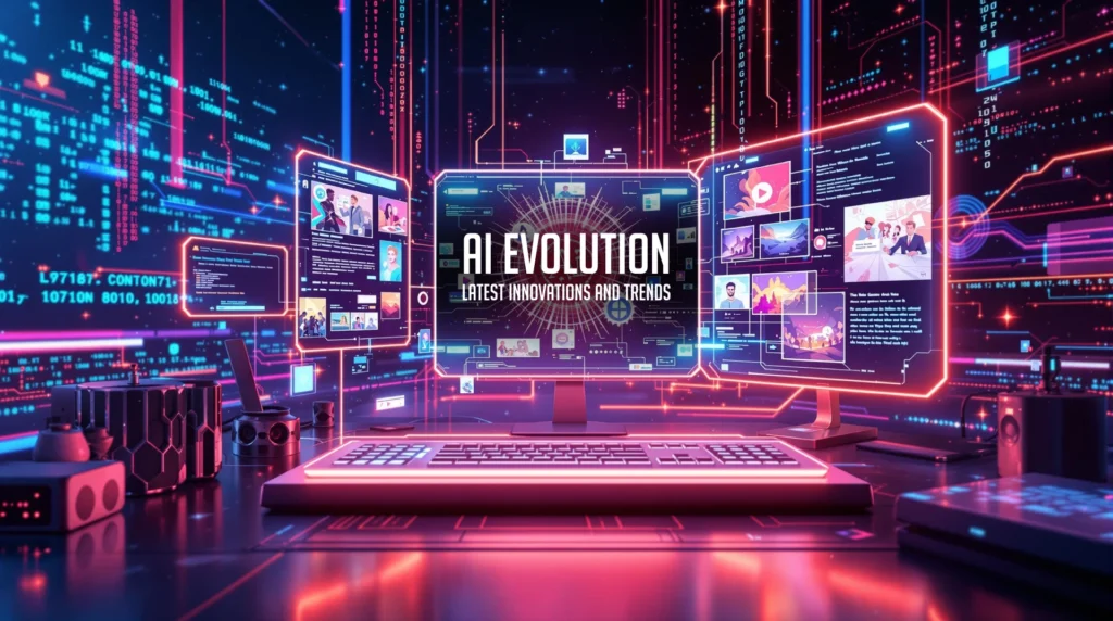 "AI Evolution article banner featuring futuristic computer interfaces, highlighting the latest innovations and trends in artificial intelligence technology."