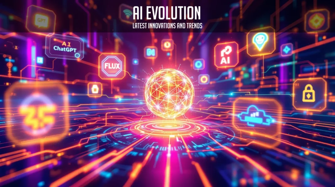 AI Evolution: A vibrant digital artwork showcasing the latest AI innovations and trends, featuring prominent technologies like ChatGPT, FLUX, and other cutting-edge tools in the field.