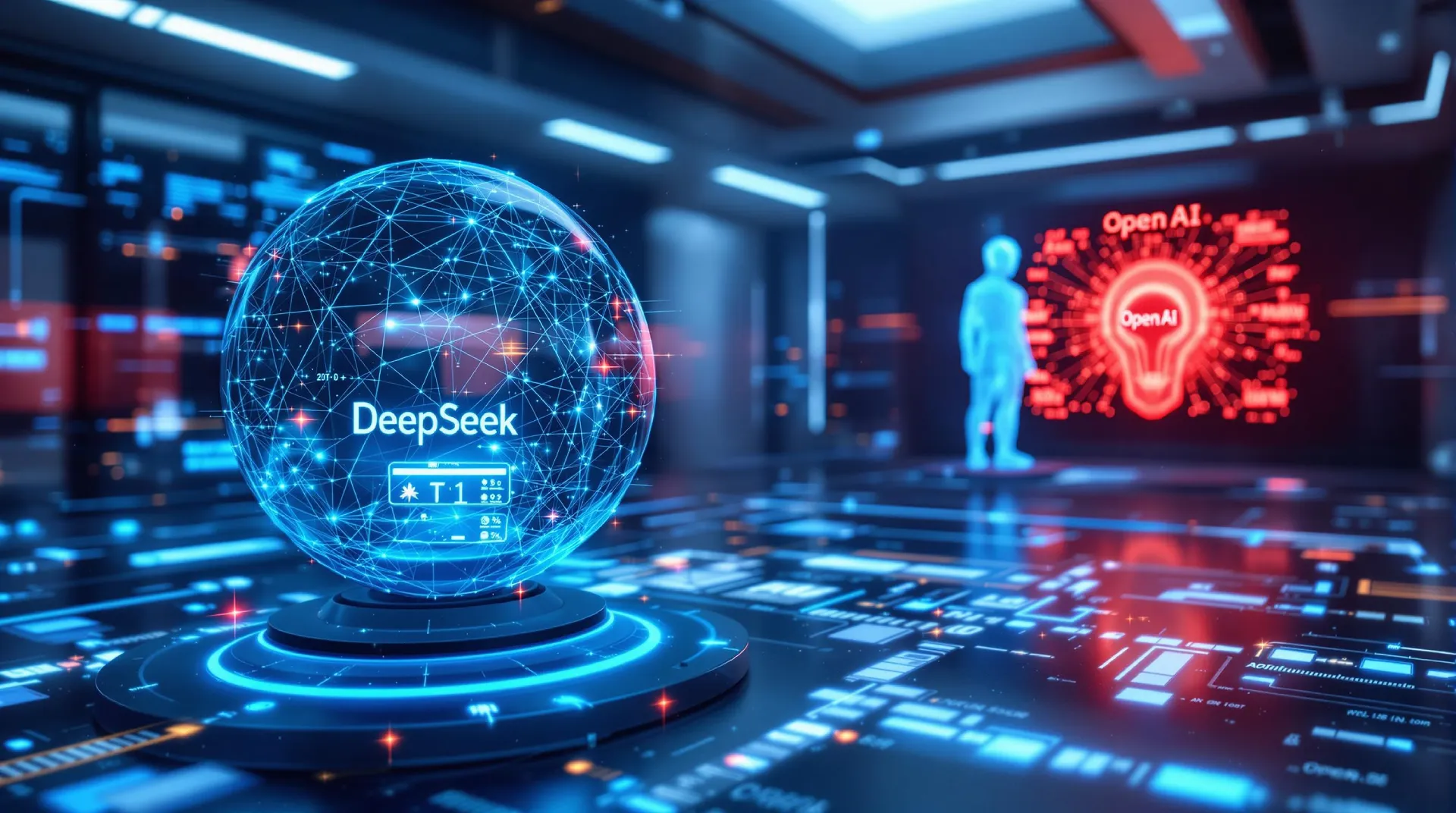 DeepSeek vs OpenAI: A futuristic digital representation highlighting the competition and innovation in AI reasoning models, showcasing the advancements of DeepSeek AI alongside OpenAI's technological presence