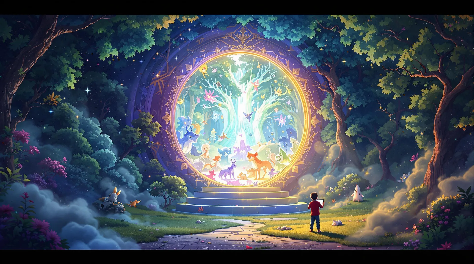 Dream Machine by Luma AI: A whimsical depiction of a child exploring a magical portal filled with vibrant creatures, symbolizing the limitless creative potential and storytelling possibilities offered by AI-driven tools.