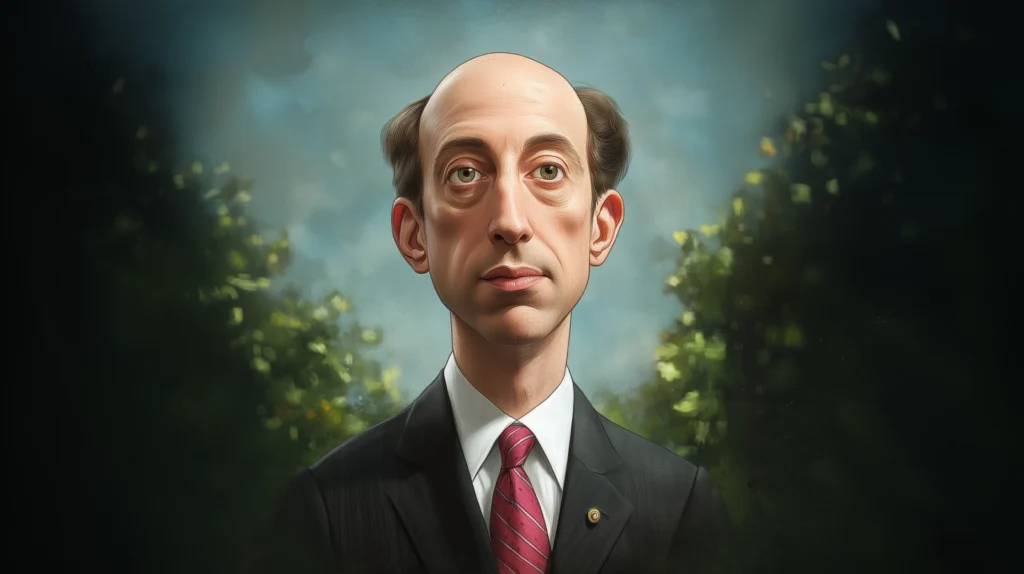 Artistic depiction of SEC Chair Gary Gensler in a formal suit amidst growing criticism and calls for his resignation following Trump’s election victory.