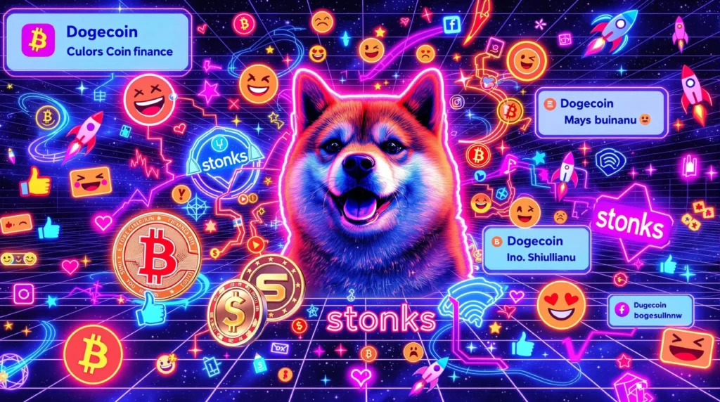 Bright and colorful depiction of Dogecoin and cryptocurrency culture, featuring neon emojis, rockets, and Bitcoin symbols, illustrating the vibrant and speculative nature of the memecoin supercycle and attention economy.