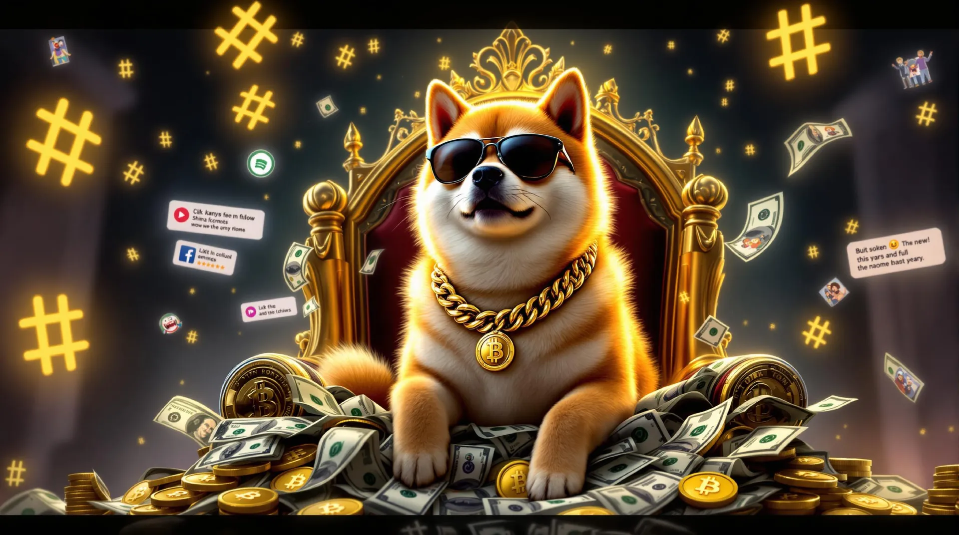 Luxurious Shiba Inu with sunglasses, a gold Bitcoin chain, and a throne surrounded by dollar bills and Bitcoin coins, symbolizing the speculative wealth and flashy culture of the memecoin supercycle.