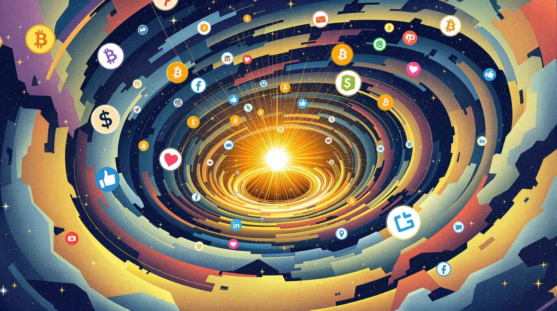 Vortex of cryptocurrency icons, including Bitcoin, dollar signs, and social media logos, symbolizing the convergence of memecoins and the attention economy driving the crypto market