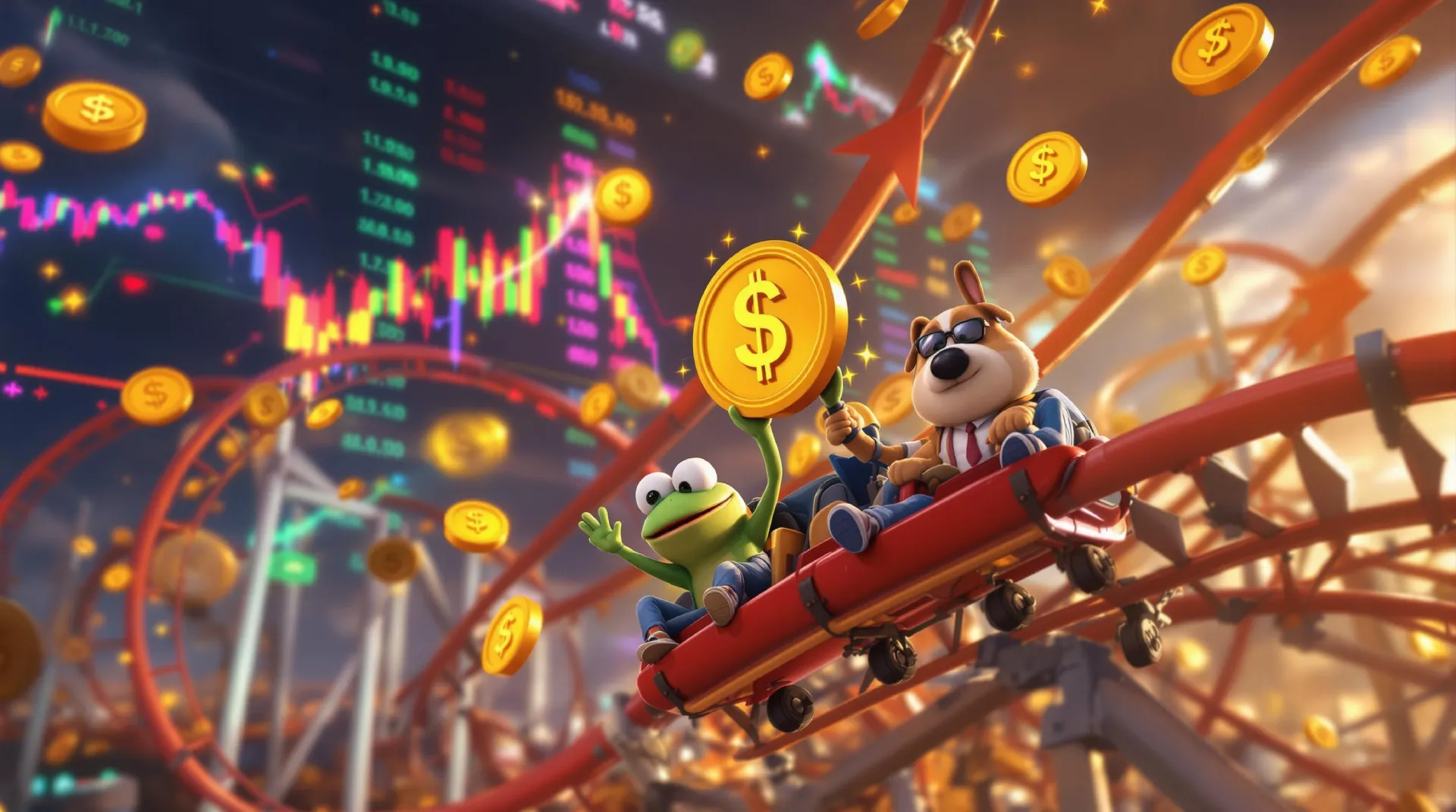 Cartoon frog and dog on a rollercoaster with golden dollar coins floating around, set against a backdrop of stock market charts, symbolizing the volatile and thrilling nature of the memecoin market.