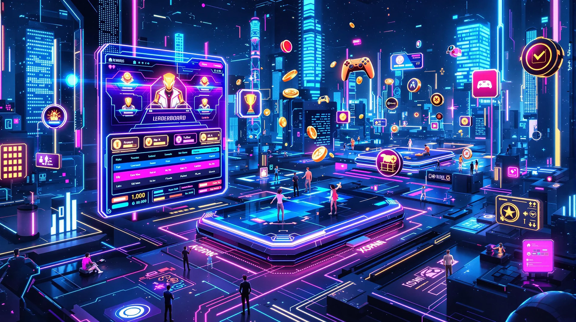 An interactive digital leaderboard cityscape representing Blokkplay’s competitive environment, showcasing user achievements, rewards, and the gamified ecosystem for players to thrive.