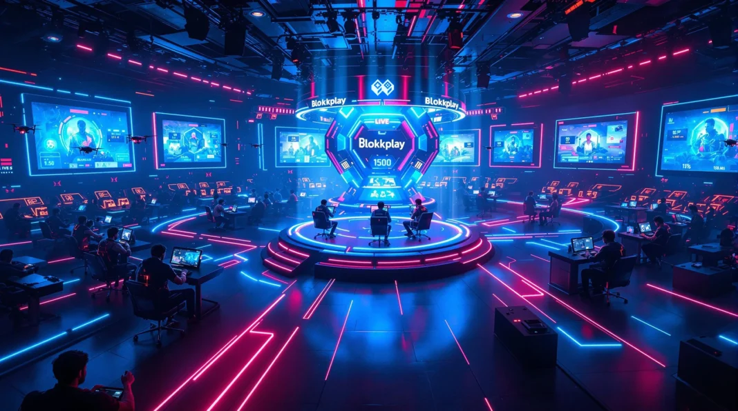 A futuristic esports arena powered by Blokkplay, showcasing competitive tournaments, team collaboration, and the platform's innovative gaming reward system in action.