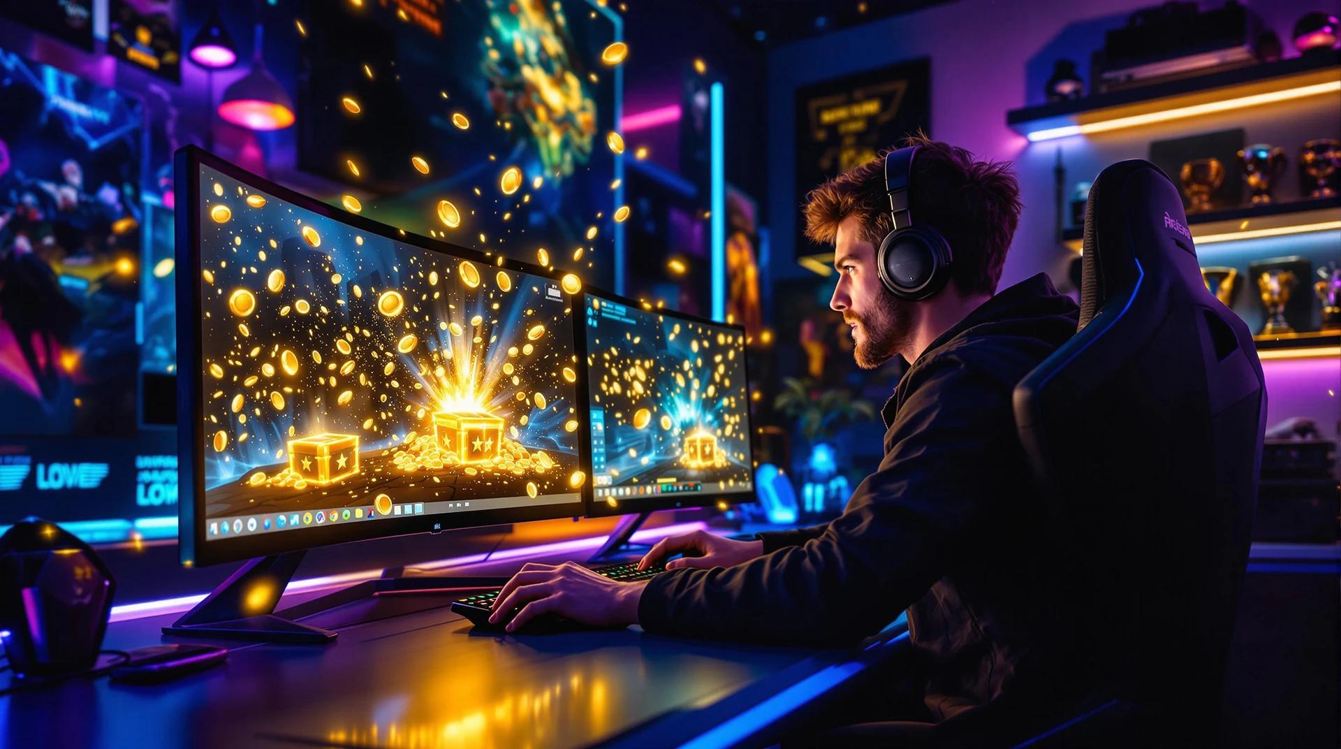 A focused gamer earning digital rewards on Blokkplay, surrounded by vibrant gaming visuals, showcasing the platform's ability to turn skills into valuable BLOKK points and real-world benefits.