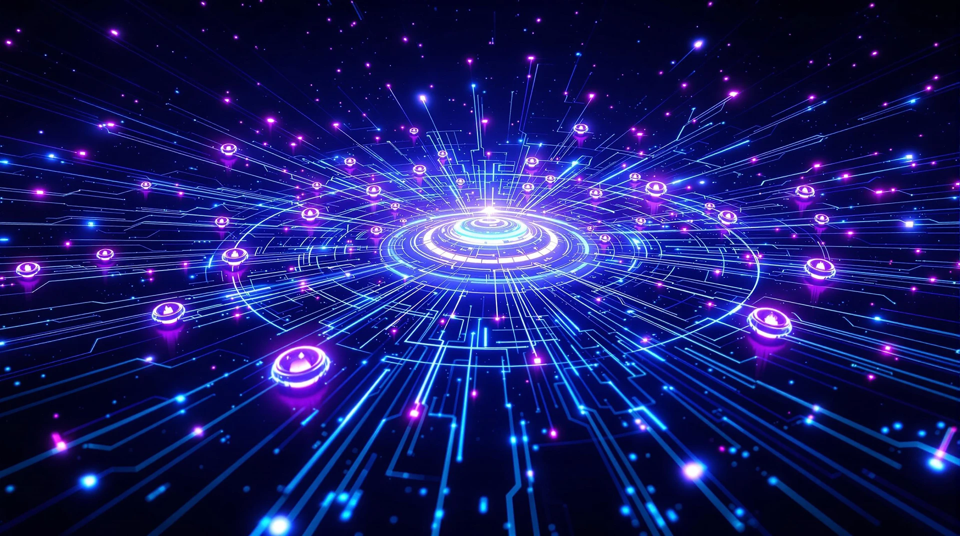 Abstract representation of the DoubleZero decentralized network with glowing nodes and interconnected circuits, symbolizing high-speed data flow and blockchain infrastructure scalability.