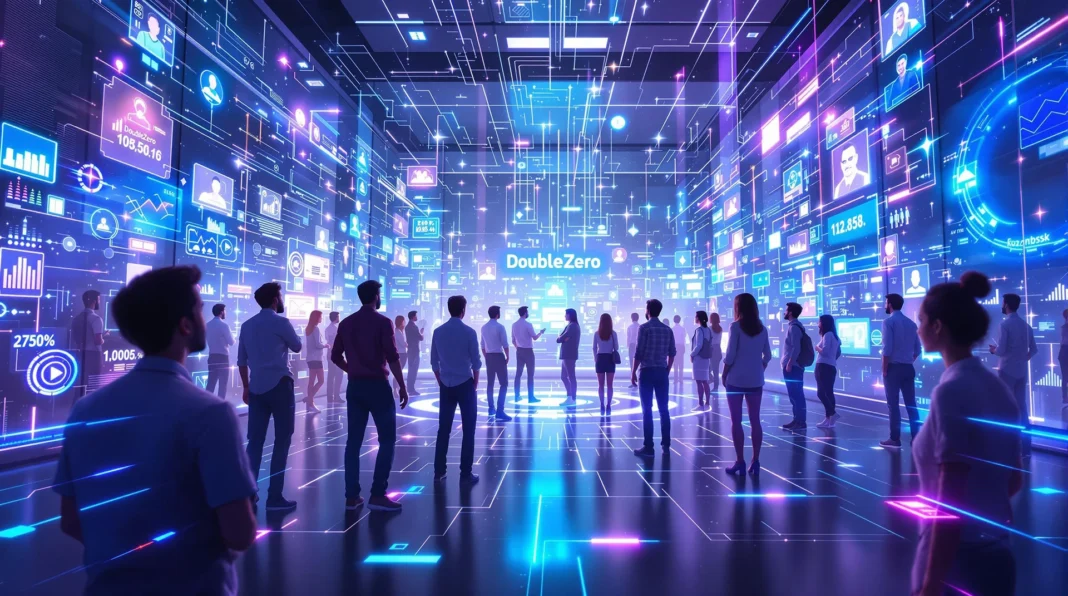 Futuristic visualization of the DoubleZero network featuring a digital metaverse-like environment with people interacting in a high-tech setting surrounded by dynamic data displays and interconnected blockchain systems.