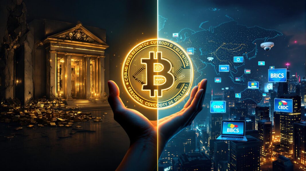 Hands holding a glowing Bitcoin coin with a split background featuring a crumbling Federal Reserve vault on one side and a futuristic cityscape with BRICS and CBDC icons on the other.