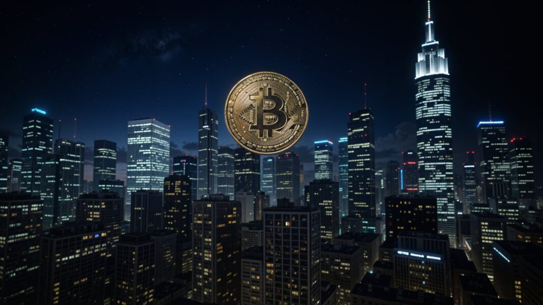 Bitcoin floating over a futuristic city skyline at night, symbolizing digital currency growth and financial innovation. Related to BlackRock CEO Larry Fink's prediction of Bitcoin reaching $700,000.